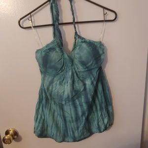 Blue tye-dye top with ties around neck and lace
